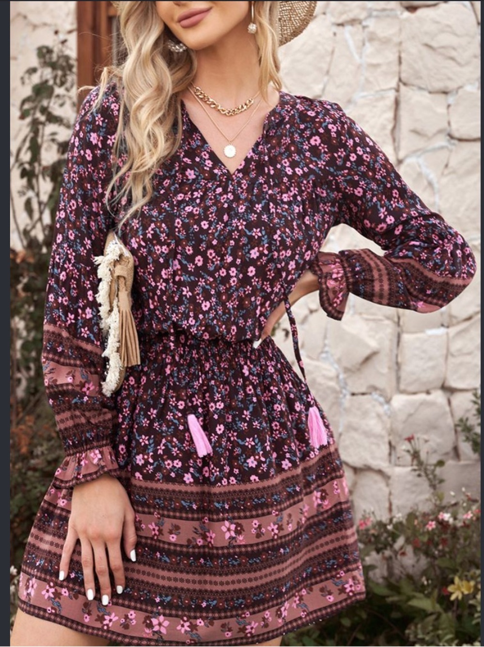 Vici Boho Floral Puff Sleeve Mini Dress - Floral and Stripes. Size Medium